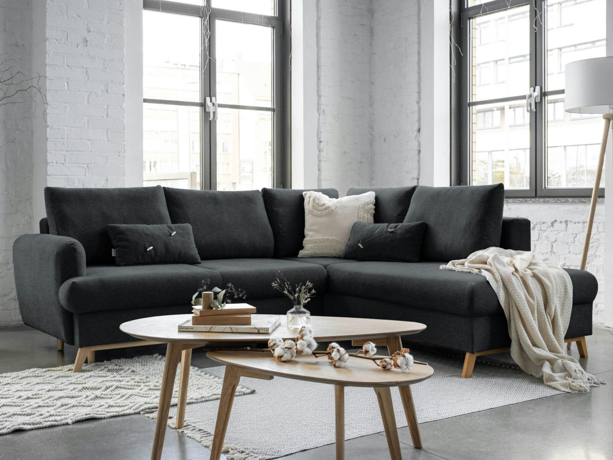 LAGOM - Canapé d'angle droit convertible 5 places en tissu gris foncé