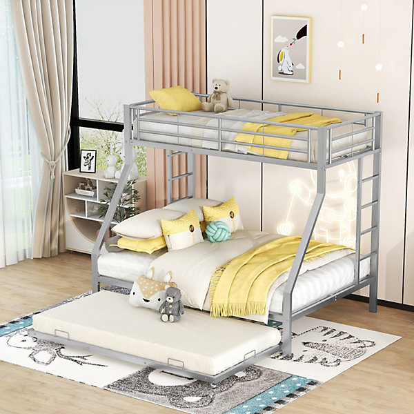 Lit superposé métallique 90/140x200 cm argent, avec lit gigogne et échelles des deux côtés, pour enfants, ados et adultes