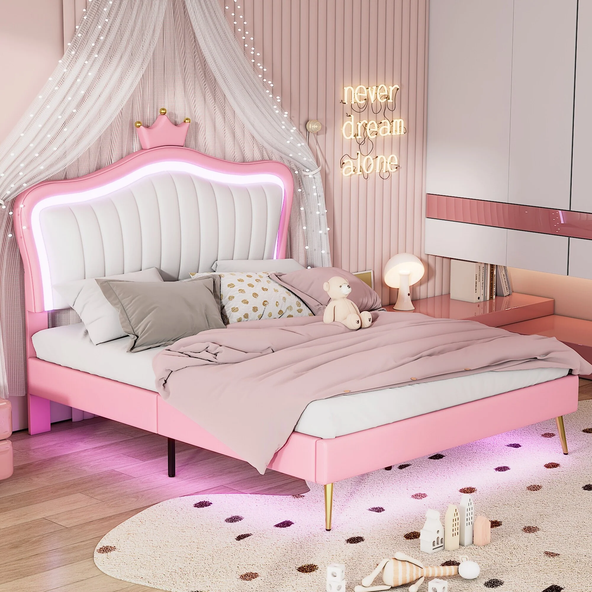 PU Upholstered Princess Bed with LED Lights and Crown Headboard
