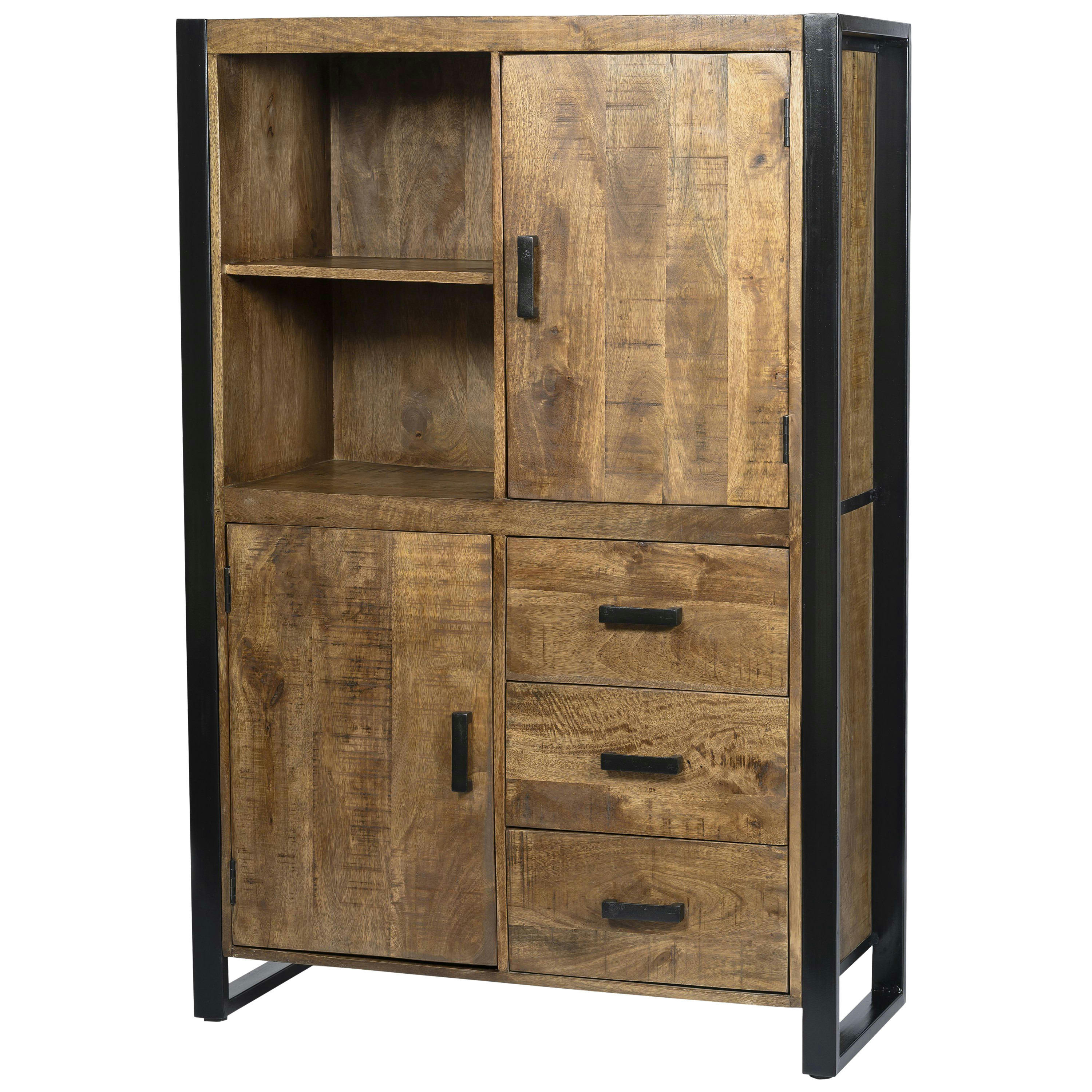 DACCA - DACCA-Buffet haut 2 portes 3 tiroirs, bois de Manguier massif et métal