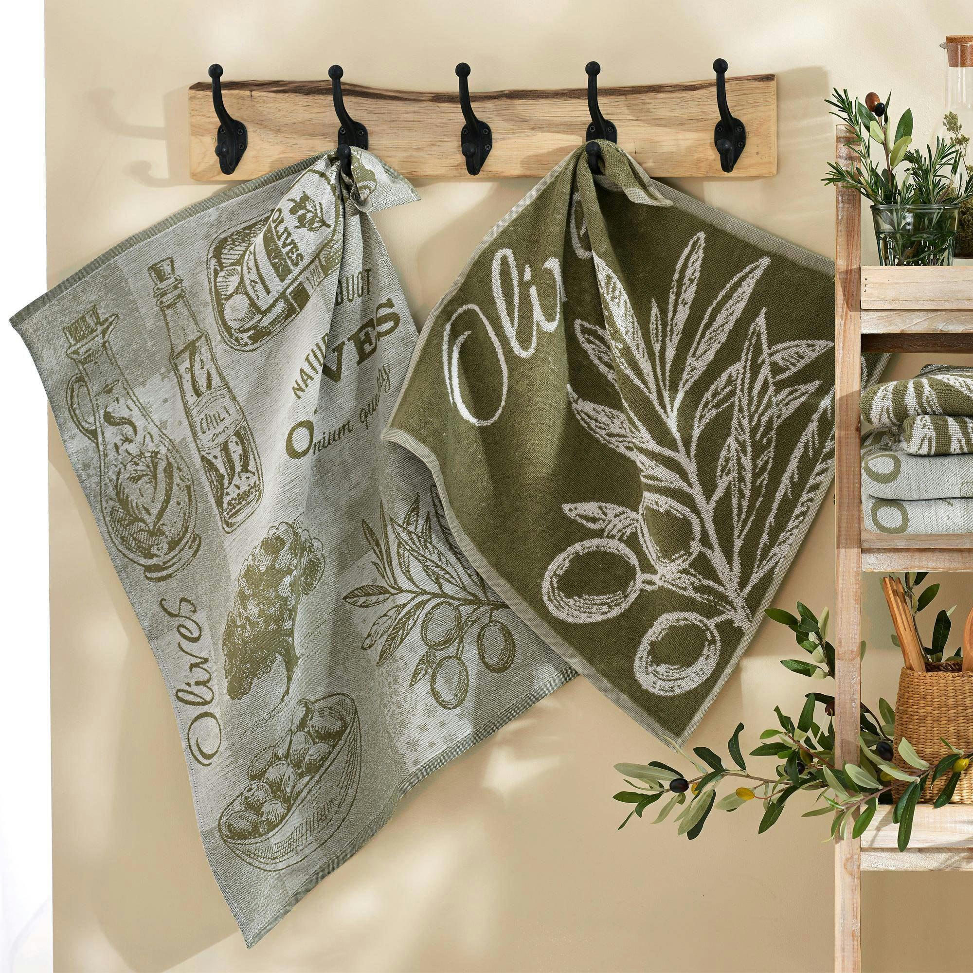 OLIVIANE - Lot de 3 torchons 50x70 vert kaki en coton 400 g/m²