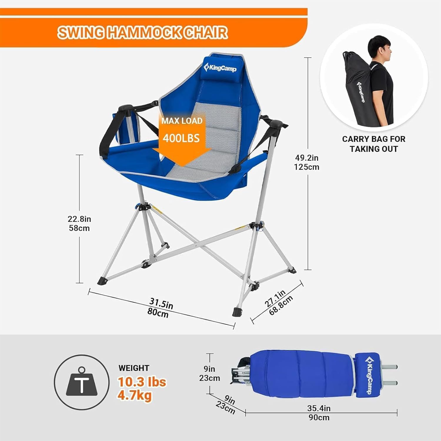 KingCamp Hammock Camping Chair, Swinging Portable Camp Chairs for Adults, 400lbs Heavy Duty Oversized Folding Rocking Chair with Adjustable Recline, Aluminum Alloy Frame for Outdoor Patio Beach Sport