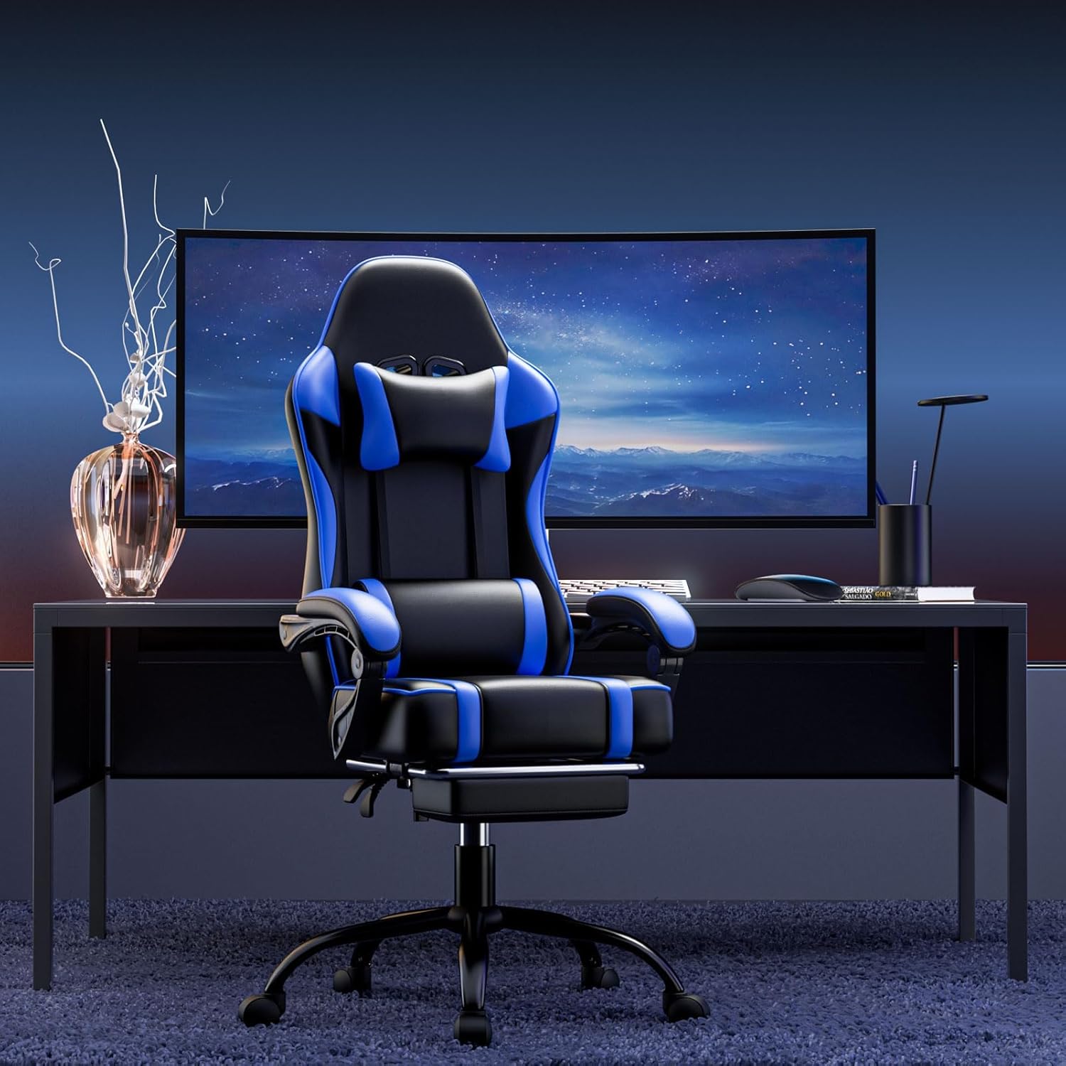 Ergonomic Gaming Chair with Footrest, PU Leather Video Game Chairs for Adults, 360°Swivel Adjustable Office Chair Gamer Chair, Comfortable Computer Chair for Heavy People (Blue)