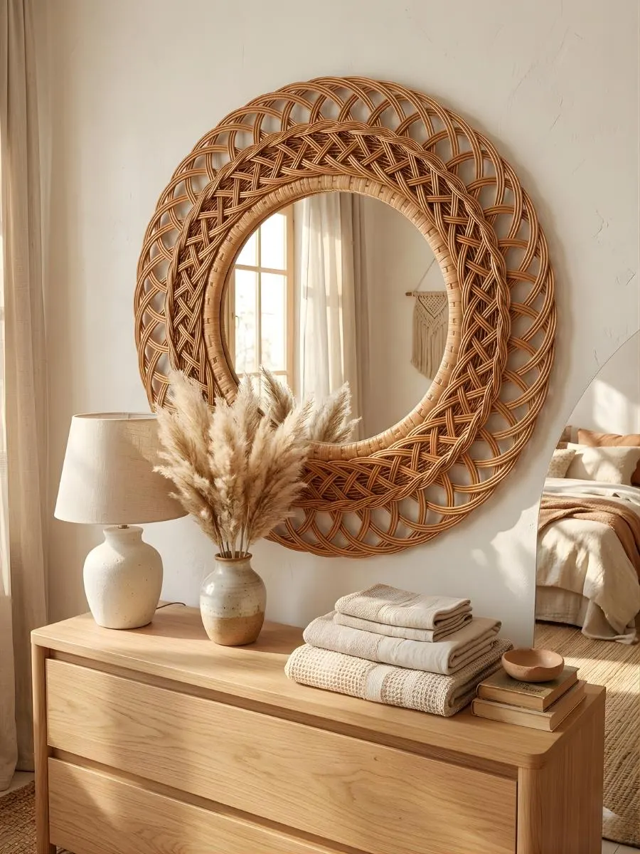 Boho Rattan Wall Mirror | Handwoven Wicker Round Mirror, Natural Bohemian Wall Decor, Farmhouse Entryway Mirror, Coastal Home Decor