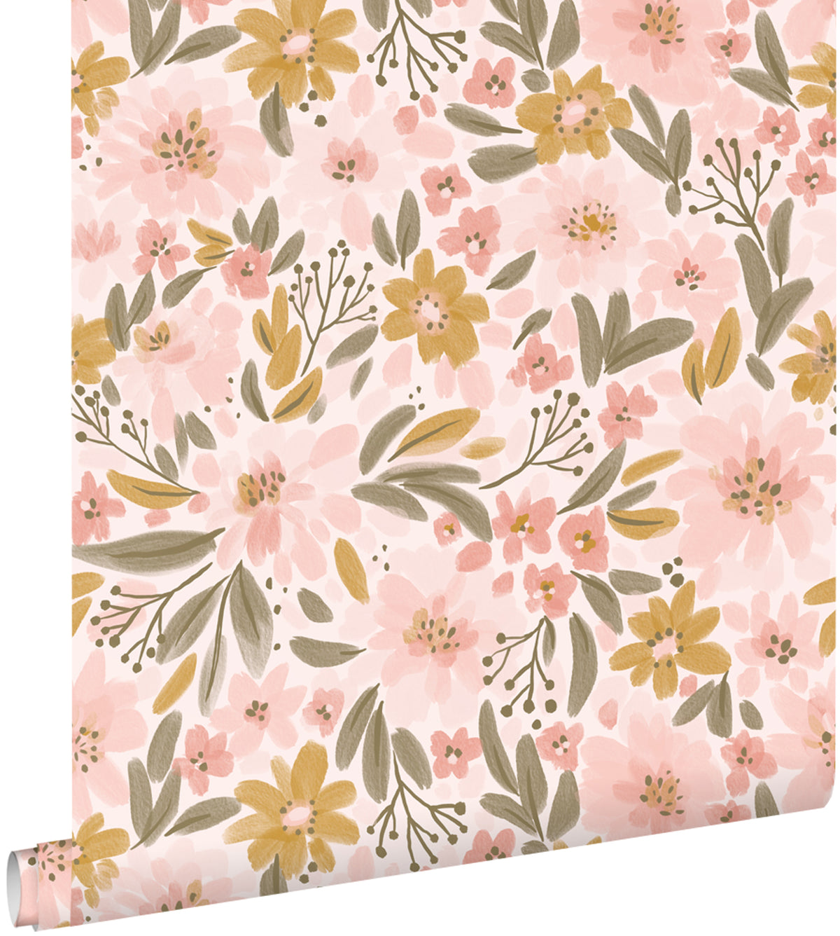 ESTAhome behang bloemen licht roze, okergeel en vergrijsd groen - 50 x 900 cm - 130923