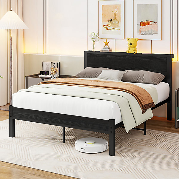 Lit Double 140x200 cm - Style Minimaliste avec Structure Métal MDF - sans Matelas - Noir
