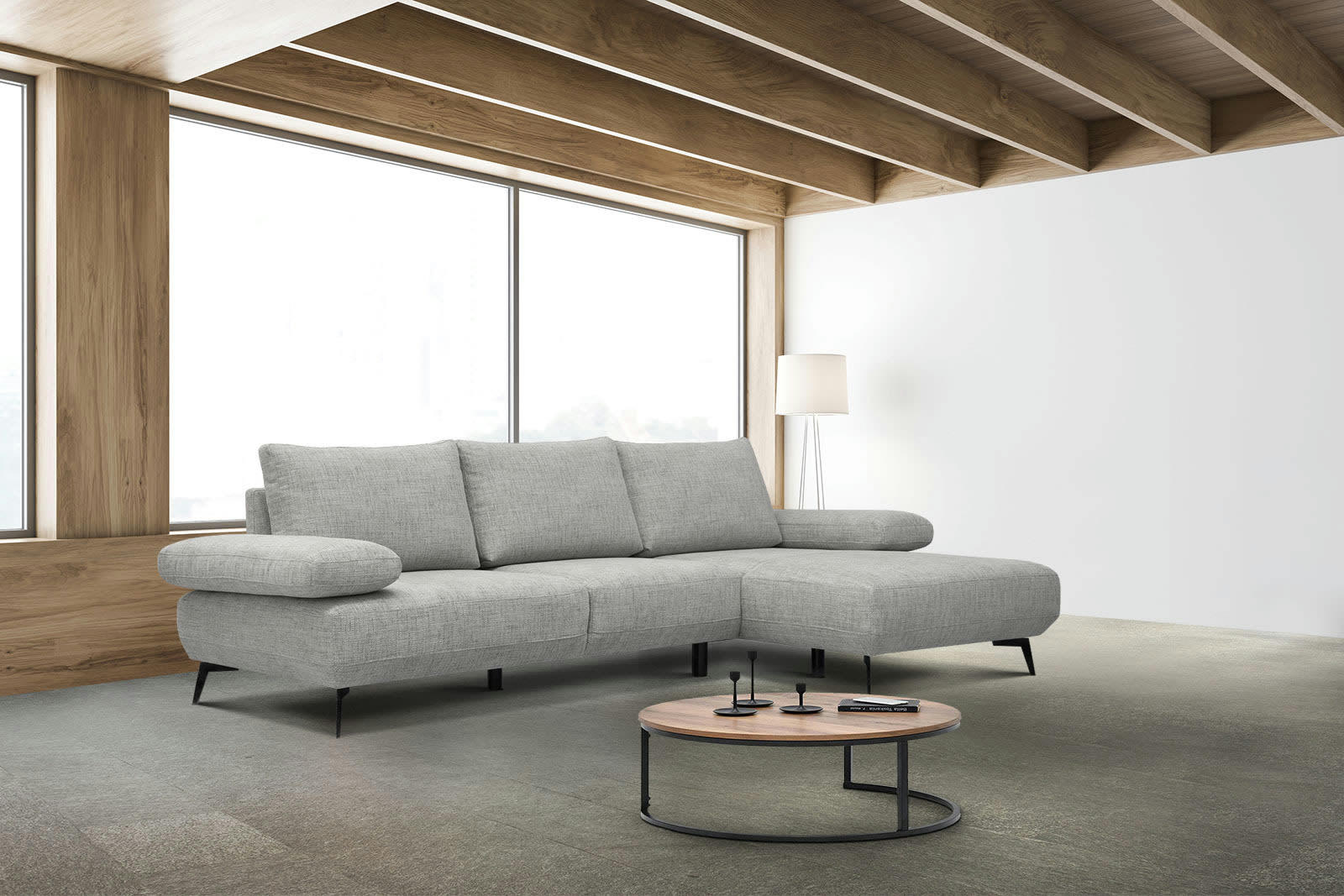 MELLO - Canapé d'angle droit 4 places tissu gris clair