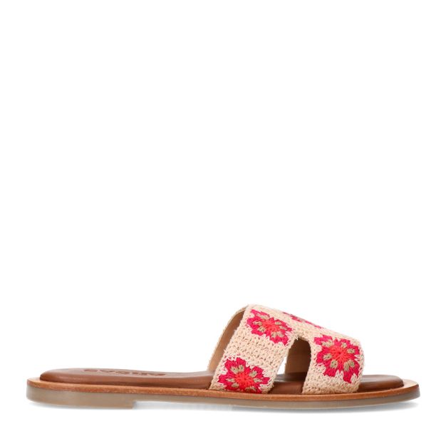 Beige slippers met roze bloemen embroidery