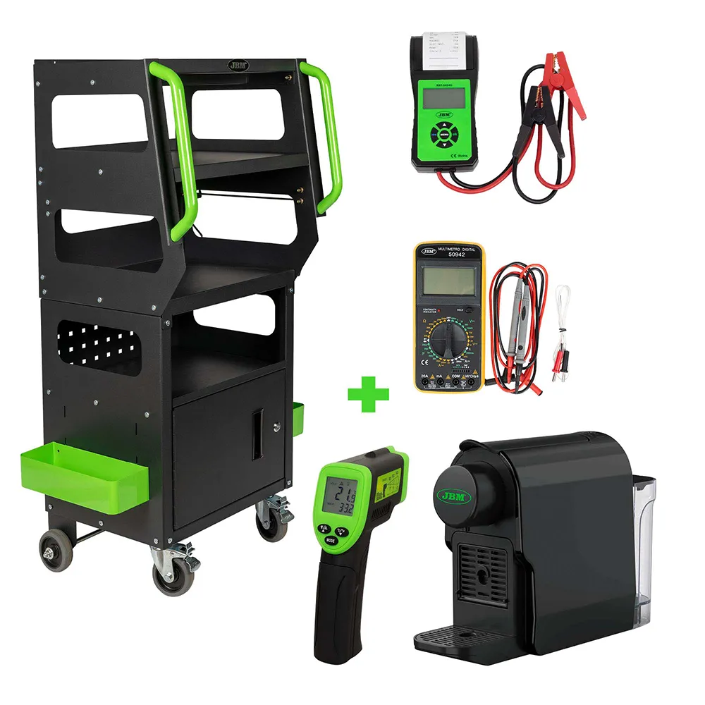 JBM Diagnostic Cart   Battery Tester With Printer   Digital Multimeter   Laser Thermometer