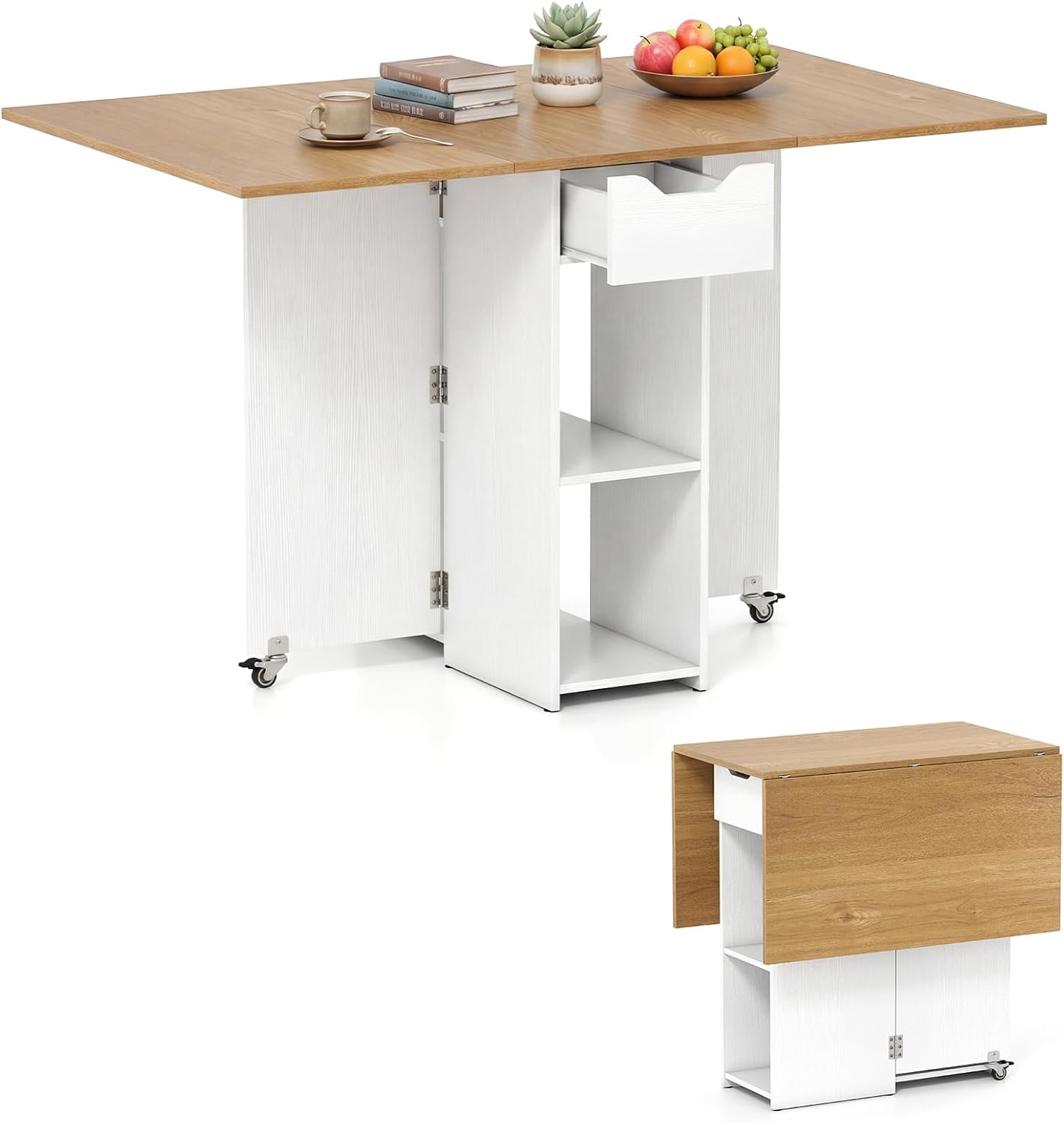 Giantex 47.5 Folding Dining Table for 2-4, Drop Leaf Wooden Dinner Table with 2-Tier Storage Shelf and Drawer, Lockable Wheels, Space Saving Kitchen Tables for Dinette, Small Space (White+Natural)