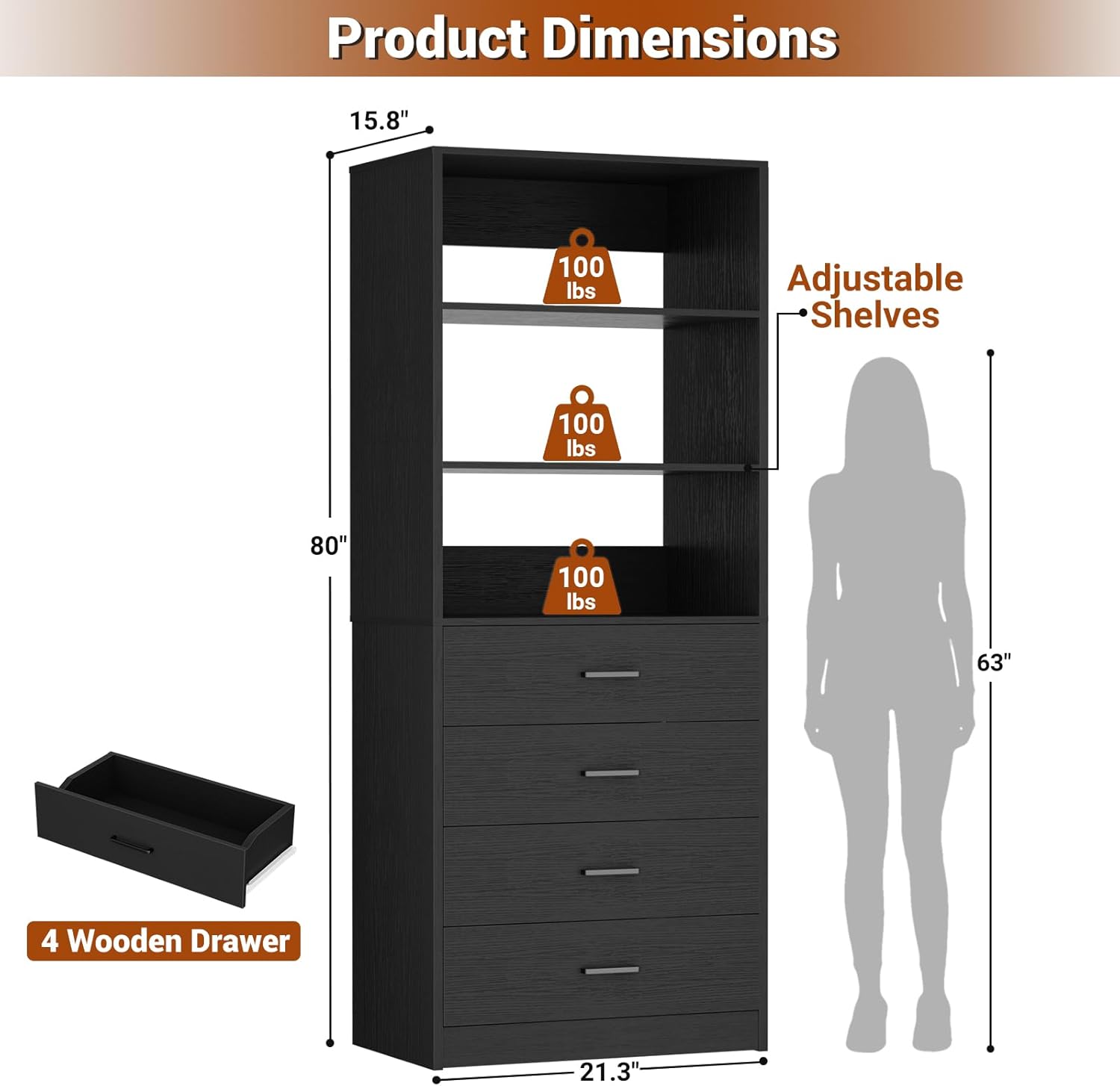Aheaplus Closet Drawers System, 21.3 Wood Closet Organizer System with 4 Drawers, Modular Walk-in Closet System Storage Unit, Small Closets Wardrobe Rack, Tall Storage Cabinet Unit, Black