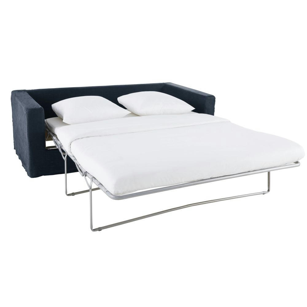 Célestin - Canapé convertible 3/4 places en lin bleu nuit
