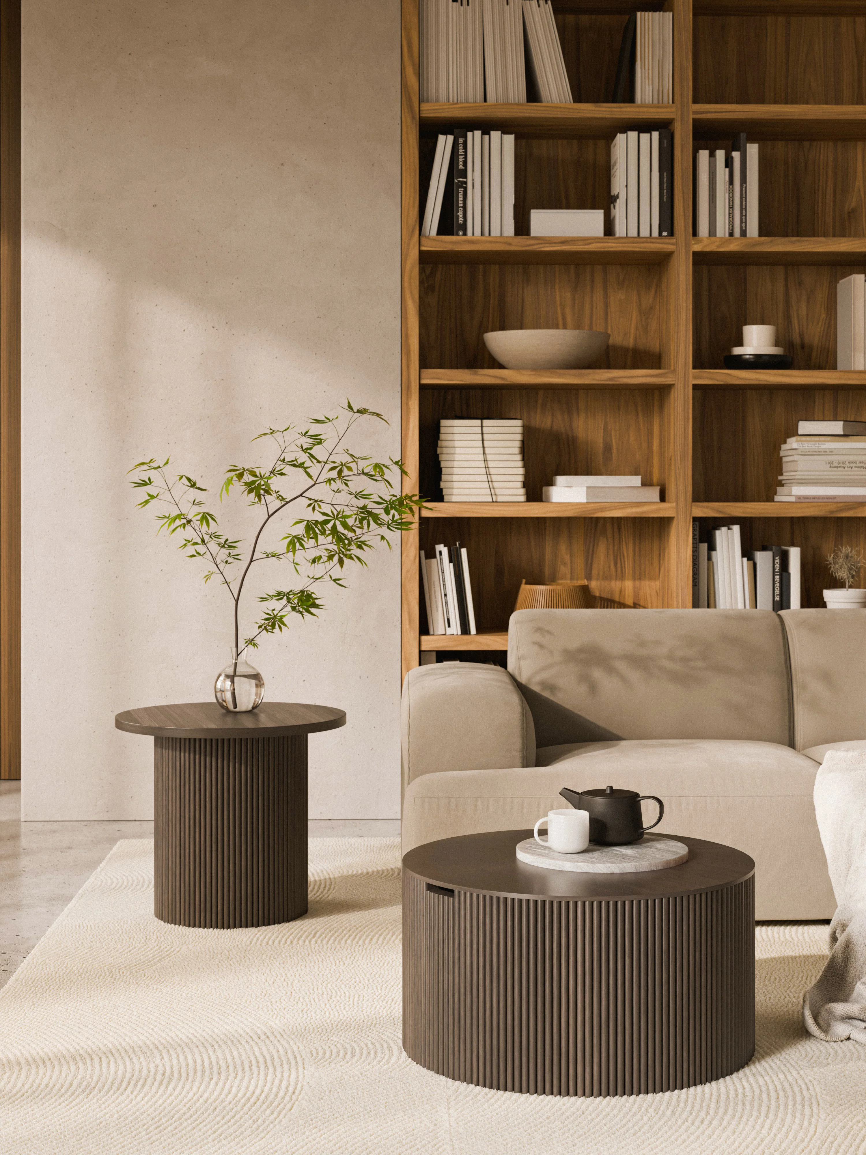 Runder Holz-Couchtisch Nele mit Stauraum