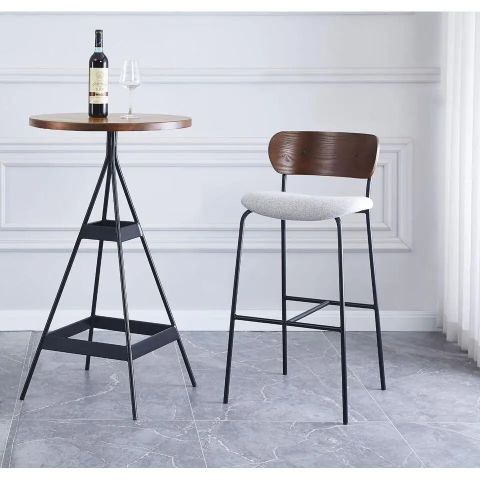 Set van 2 barkrukken van metaal en essen hout, grijze stoffen bekleding