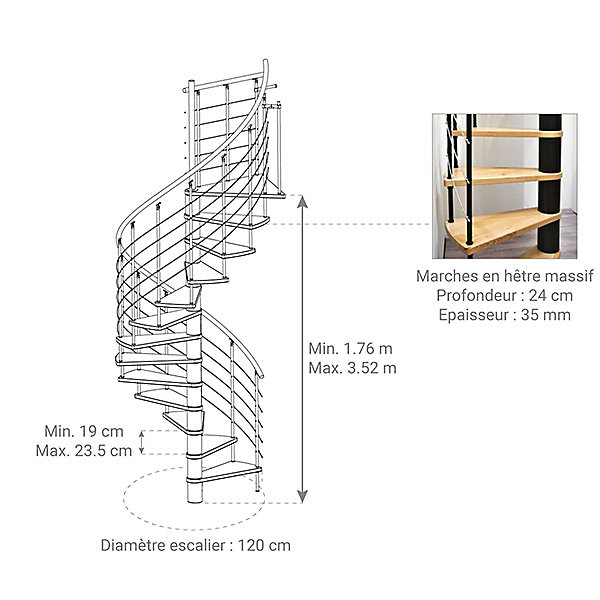 Escalier colimaçon 11 marches - Diamètre 120cm - Hauteur à franchir 2.15 à 2.59m - Noir et hêtre - VENE120-SNMNAT-11