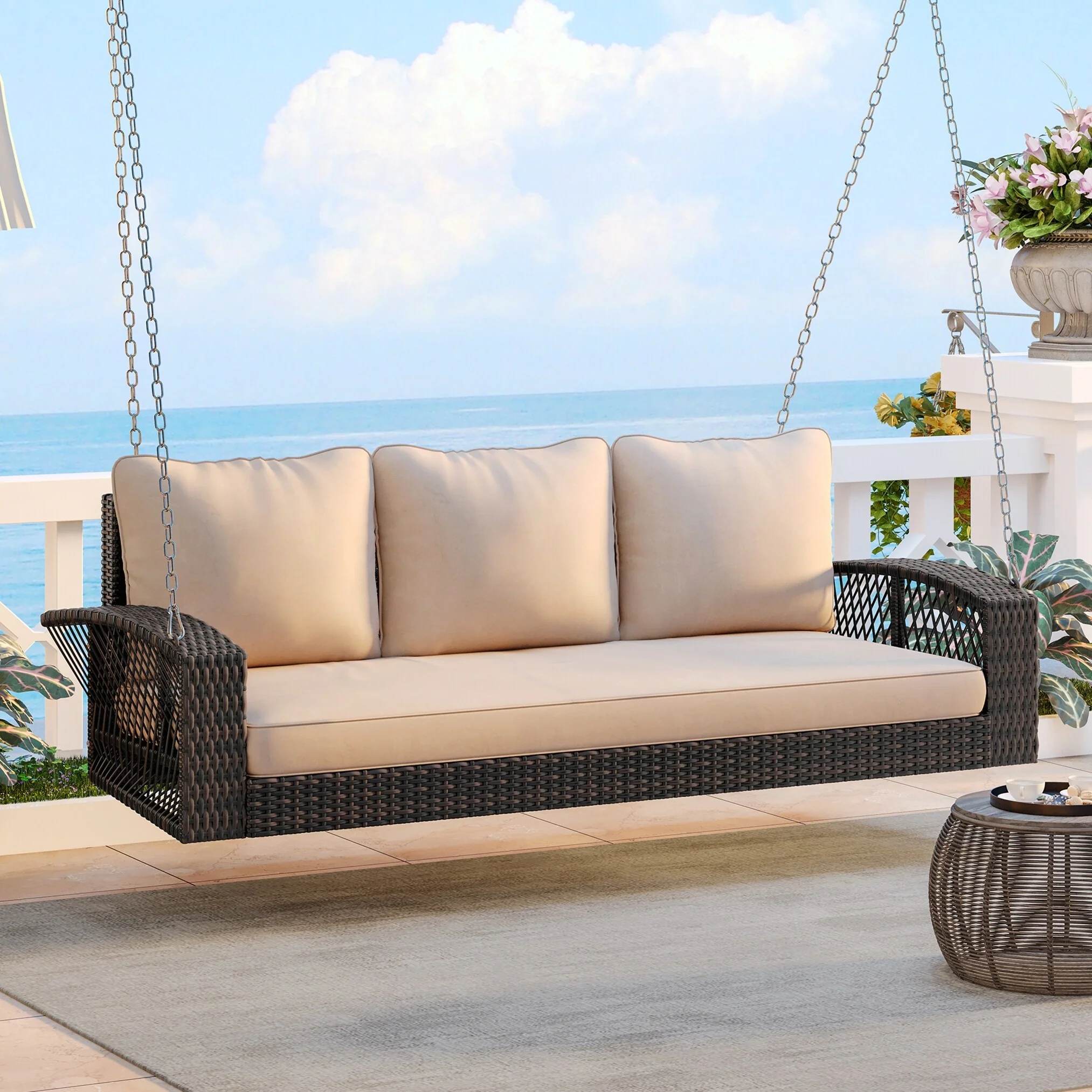 Wicker 3-Person Porch Swing with Chains, Large Patio Swing Bench with Cushions for Backyard, Garden, and Poolside