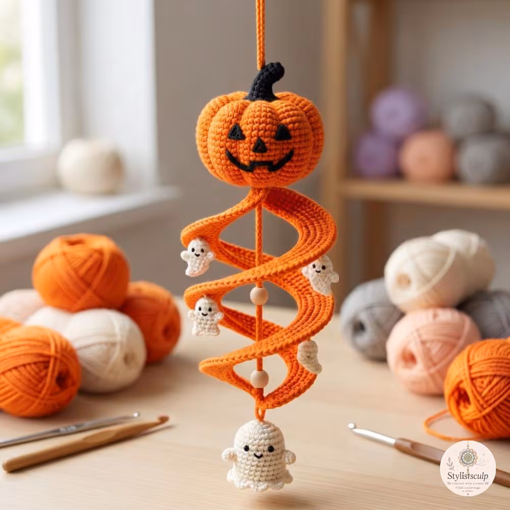 Crochet Pumpkin & Ghost Spiral Hanging Ornament - Spooky Cute Halloween Amigurumi Decor - Bouncy Jack-O'-Lantern with Mini Ghosts - N0128