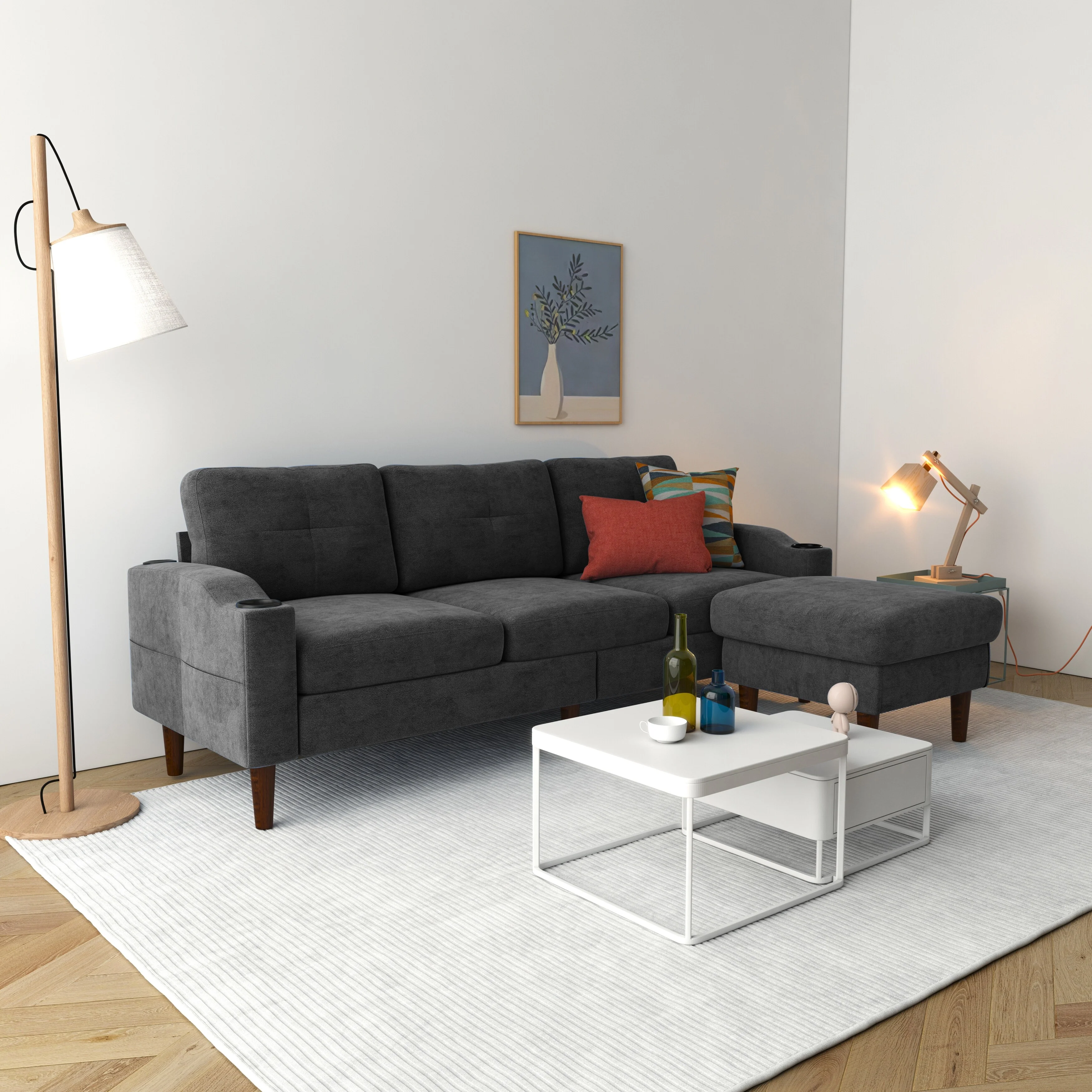78.74'' Modern L-Shaped 3-Seater Sofa with Storage Footstool and Cup Holder