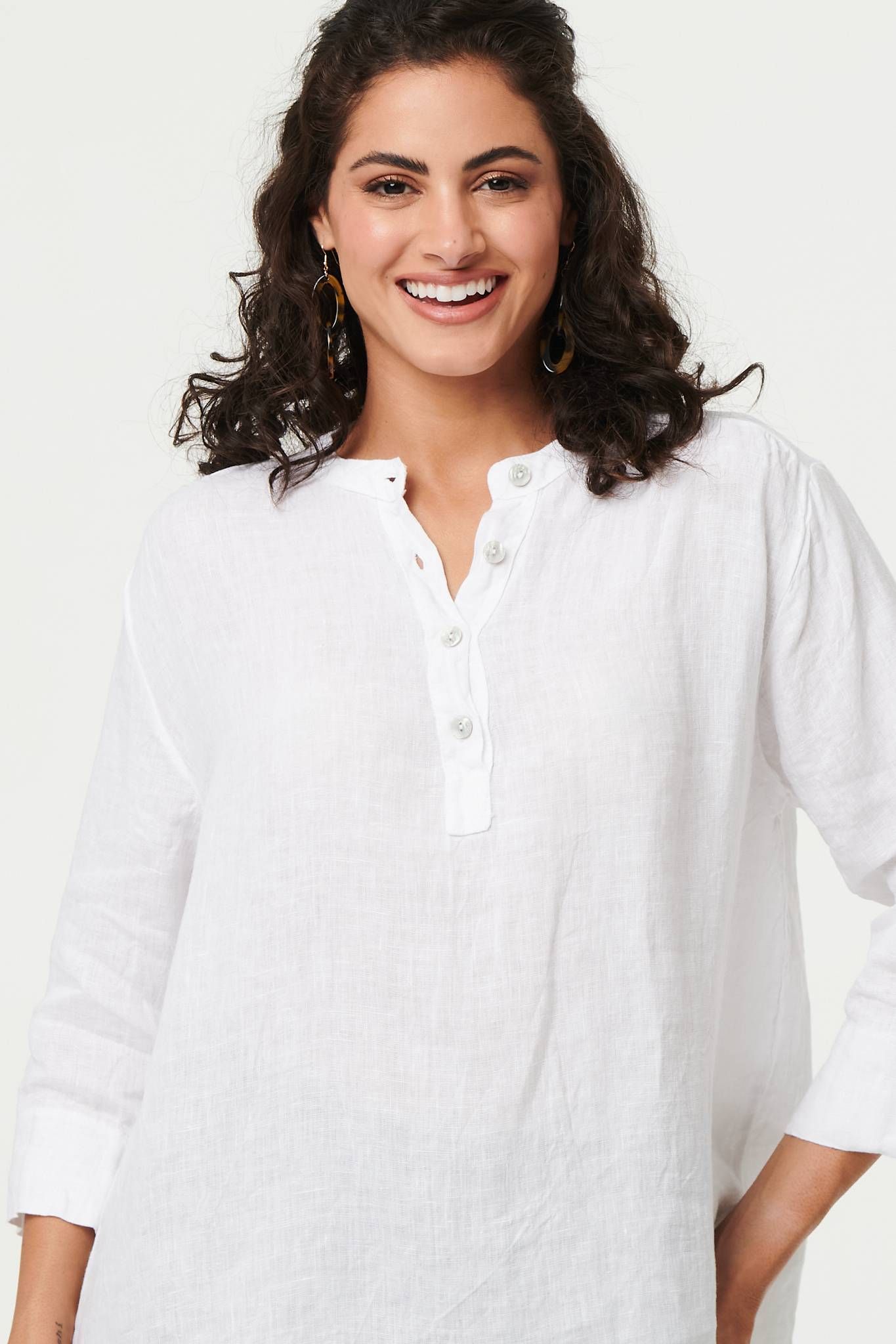 Izabel London Relaxed 3/4 Sleeve Button Neck Blouse