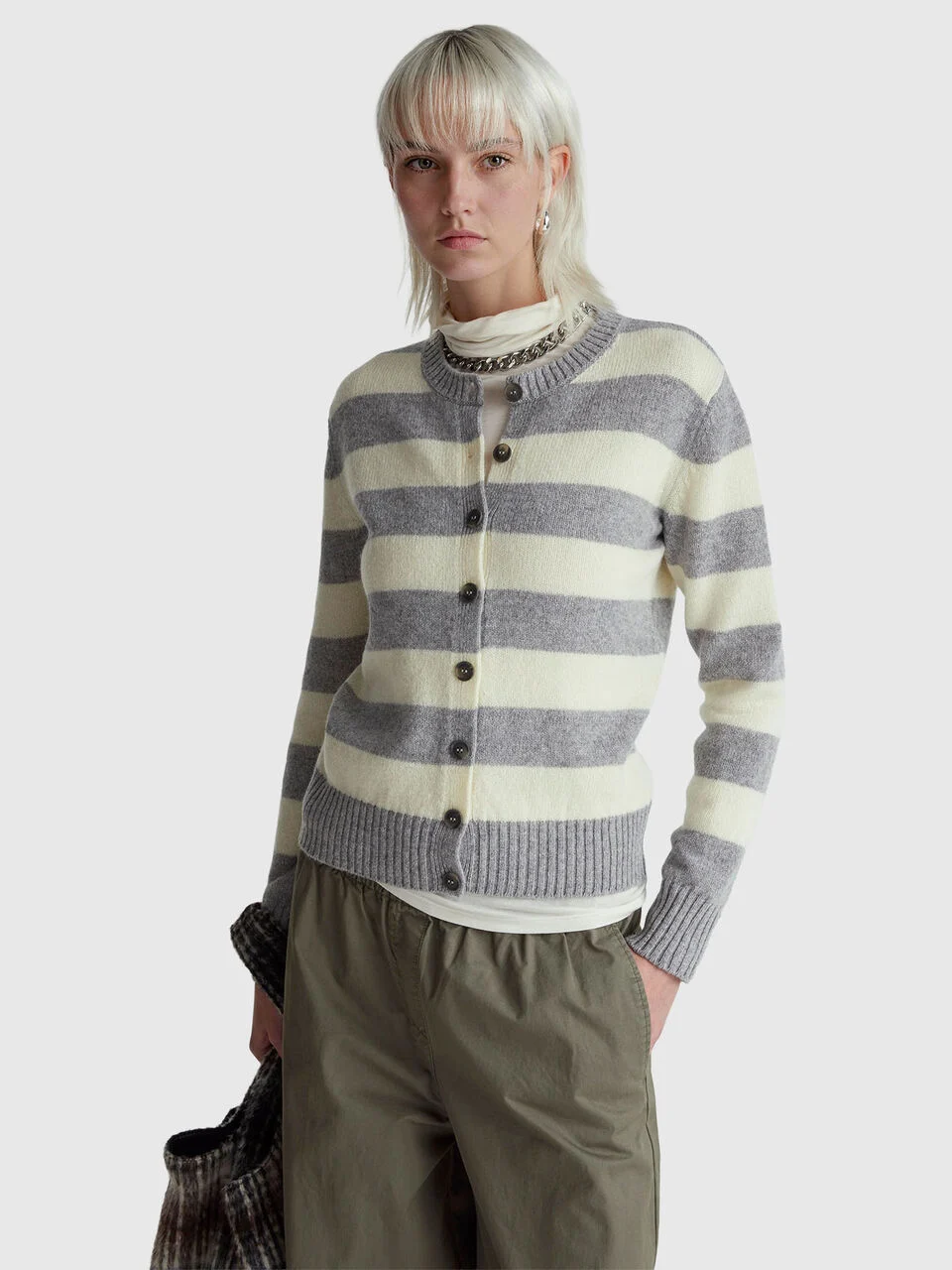 Striped cardigan in pure Shetland wool