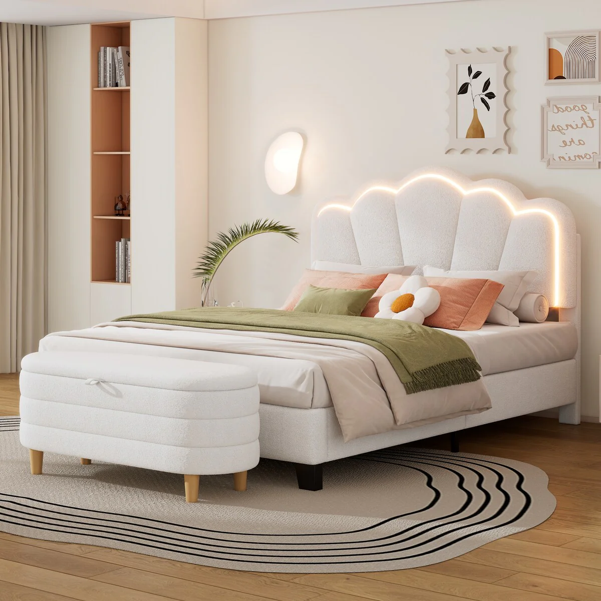 Full Size Bedroom Sets with Storage Bench and LED Platform Bed w/ Elegant Flower Headboard, 2 Piece Sets