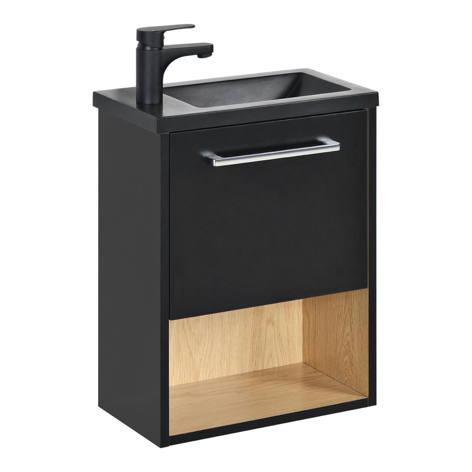 NIKA - Meuble lave-mains  Noir intérieur décor chêne + robinet noir
