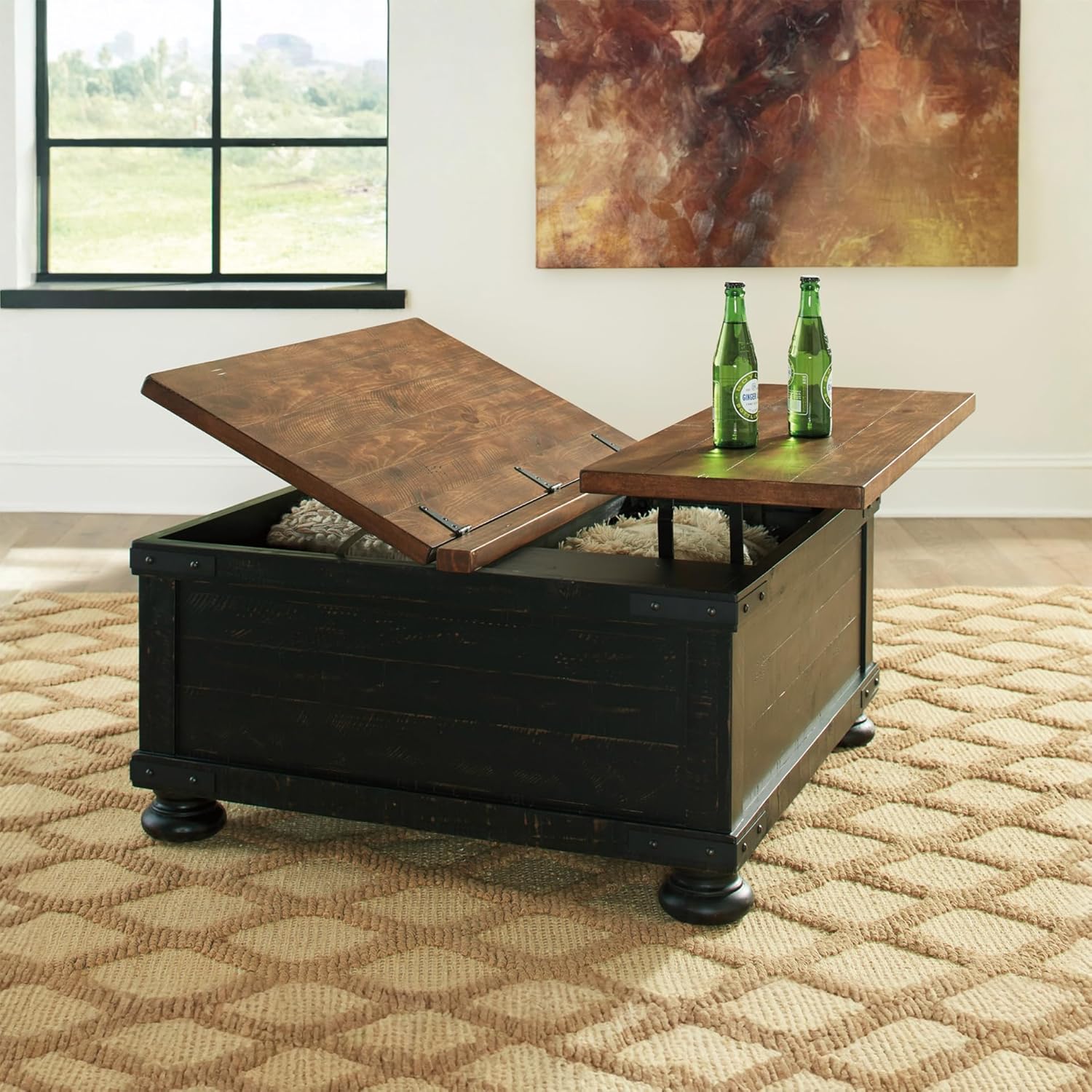 Signature Design by Ashley Valebeck Lift Top Coffee Table, Storage, Split-top Design, Wood, 36 W x 36 D x 18 H, 2-tone Distressed Brown & Black Finish