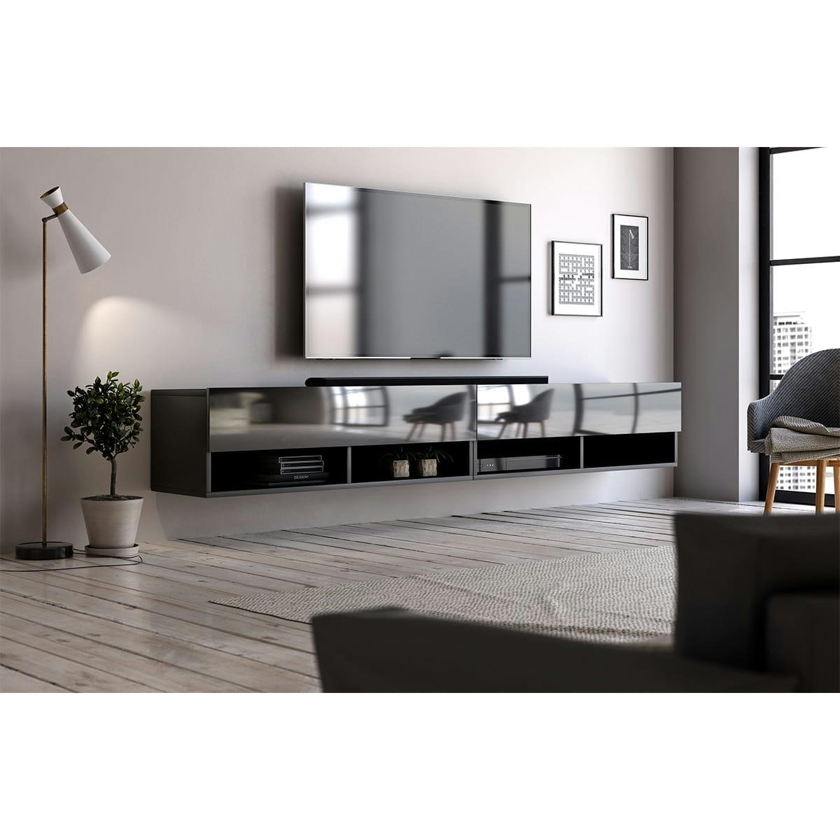 DERBY 280 - Meuble tv mural 2 portes 280 cm noir