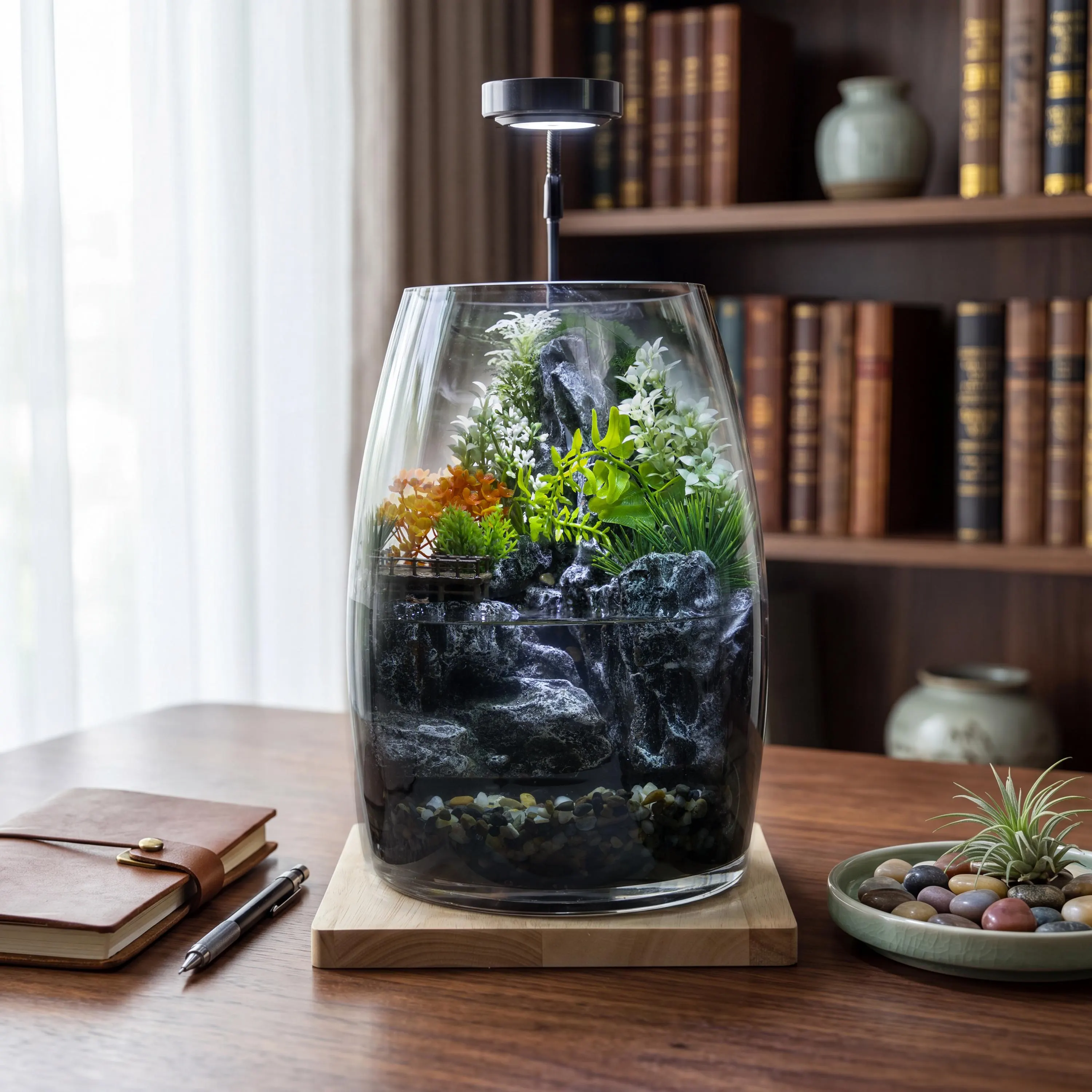 Miniature Zen Waterfall Terrarium | Japanese Garden Ecosystem Lamp, Office Decor