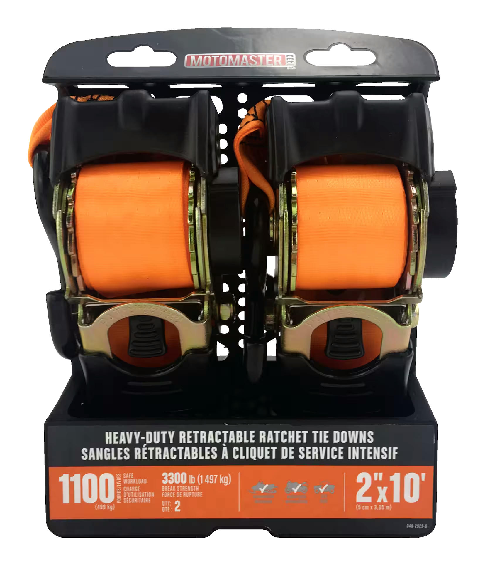 MotoMaster 3,300-lb Retractable Heavy-Duty Ratchet Tie Down Straps, 2-in x 10-ft, 2-pk