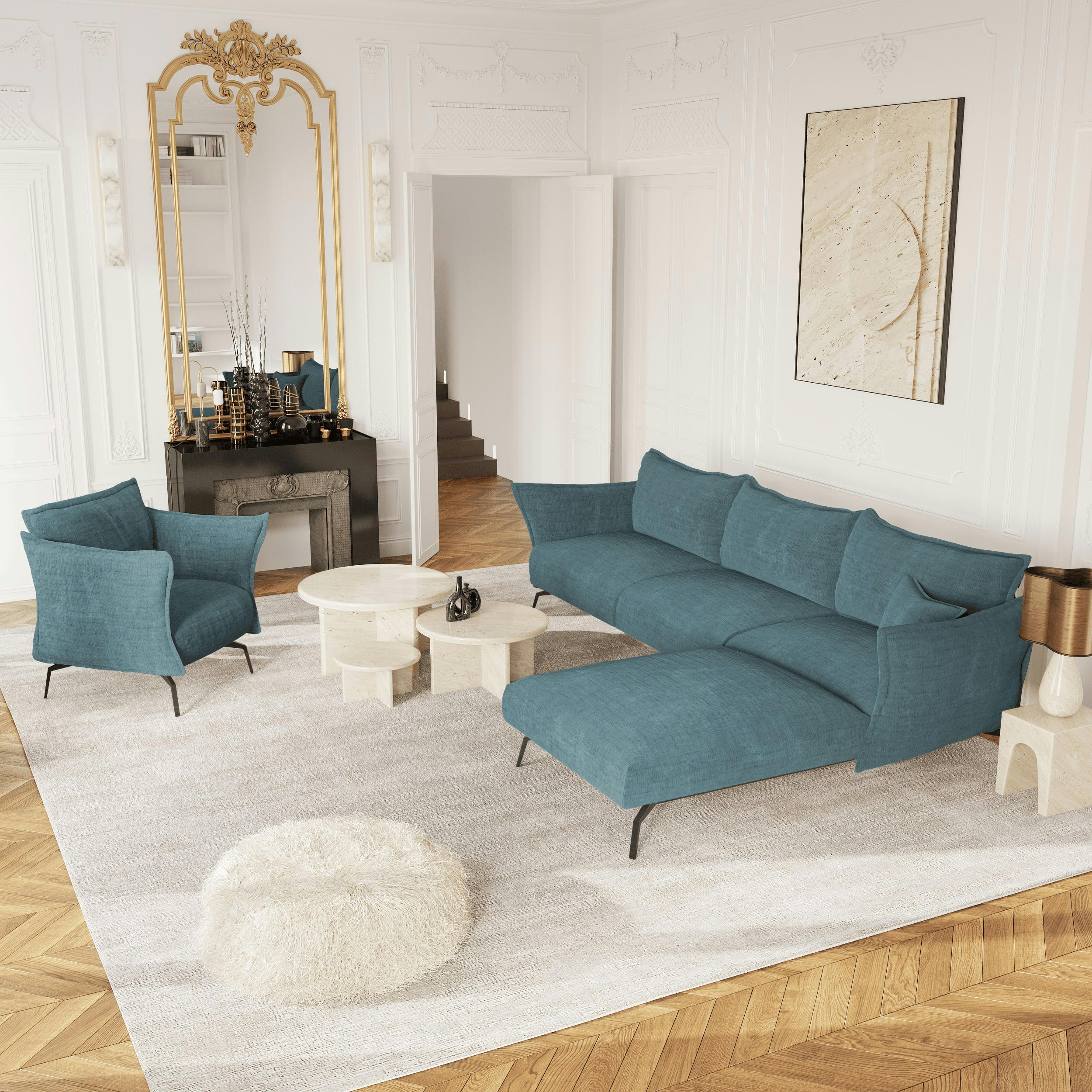 LENNY - Canapé d'angle droit velours texturé bleu océan