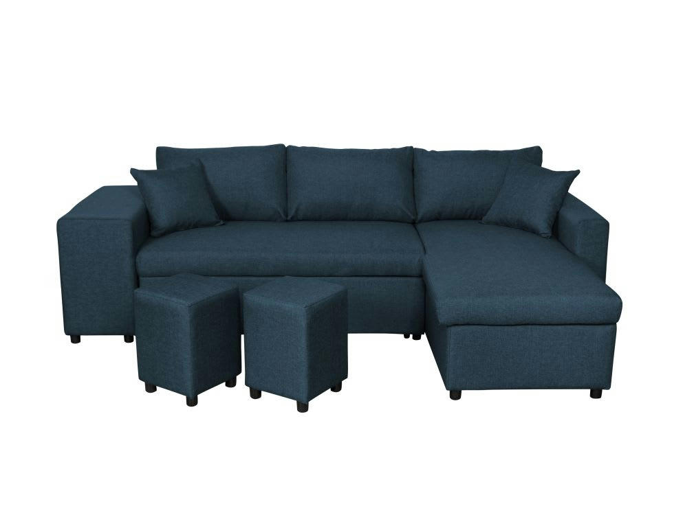 OSLO - Canapé d'angle convertible bleu pétrole avec rangement poufs à gauche