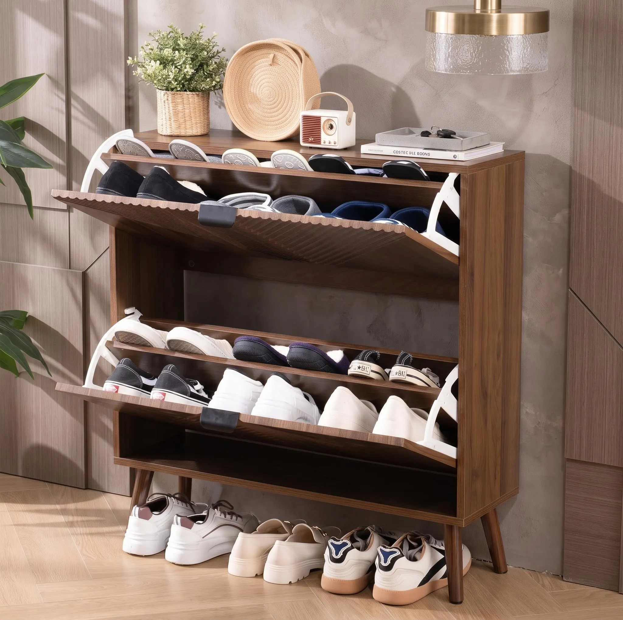 Modern Shoe Storage Cabinet – 2 Flip Drawer Shoe Organizer with Solid Wooden Feet