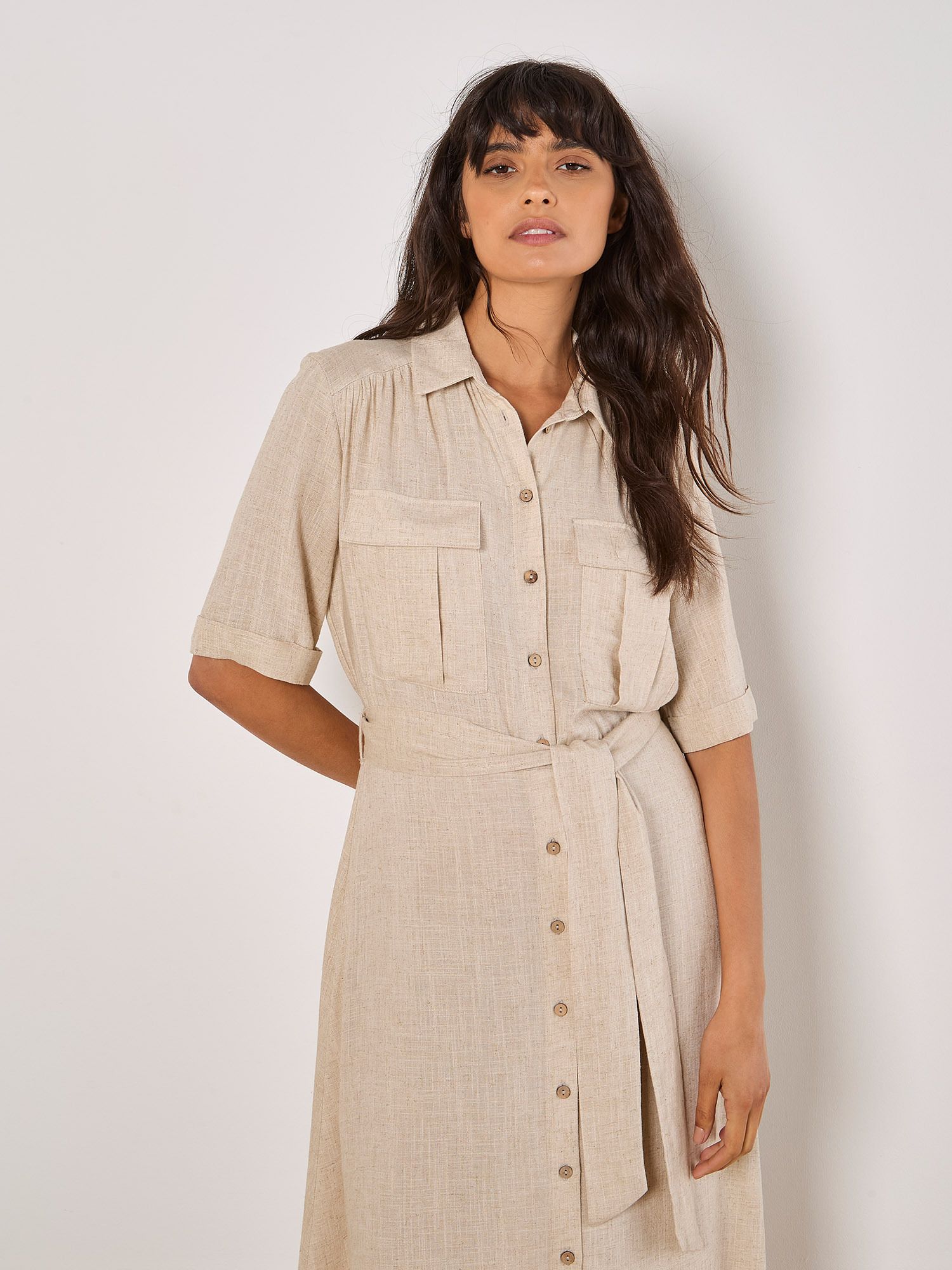 Apricot Linen Blend Utility Shirt Midi Dress