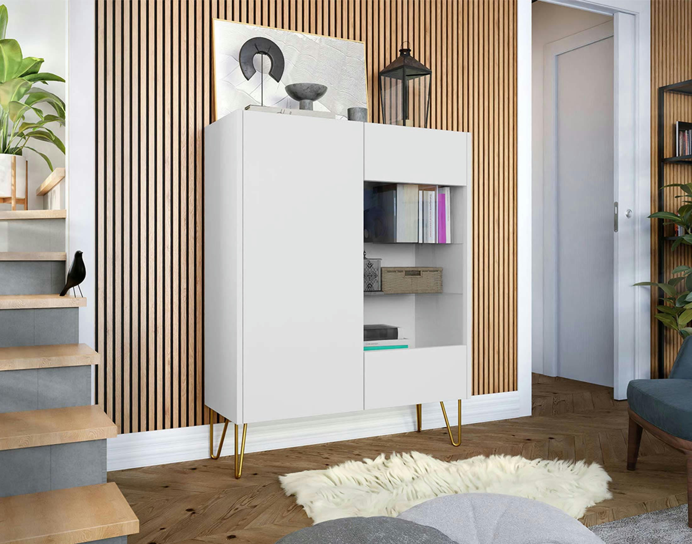 CALI - Vitrine style contemporain 97 cm blanc / doré