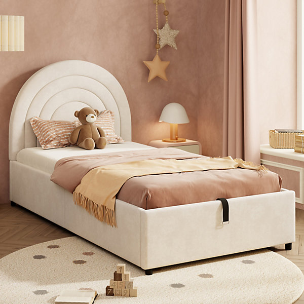 Lit rembourré 90x200 cm avec sommier et tête de lit en velours beige lattes en bois montage facile pour jeunes et adultes