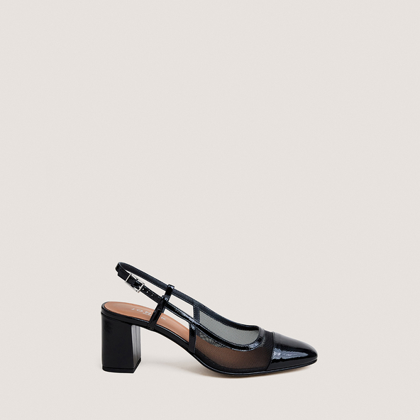 Slingbacks à talonsen vernis plissé noir et résille noire | DRAG