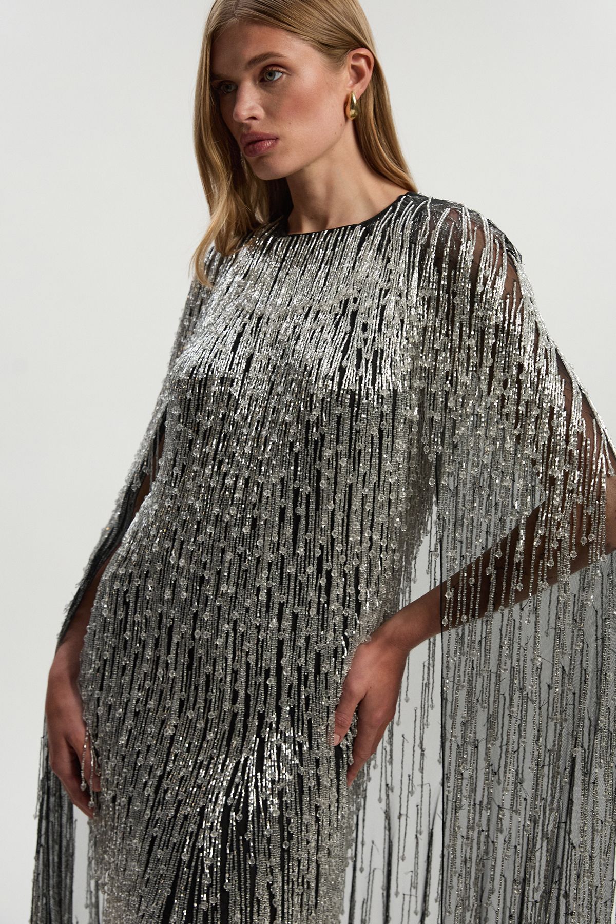 KarenMillen Embellished Fringe Caped Woven Mini Dress