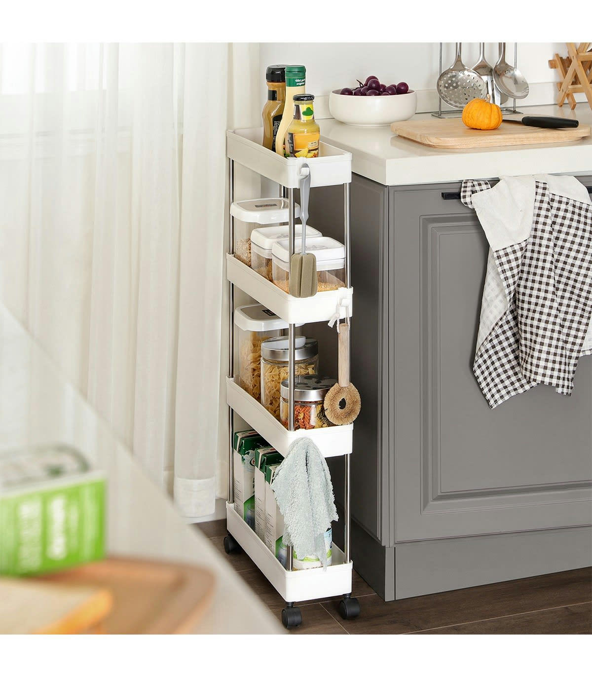 - Desserte blanche sur roulettes à 4 niveaux - L12,5 x H86 cm