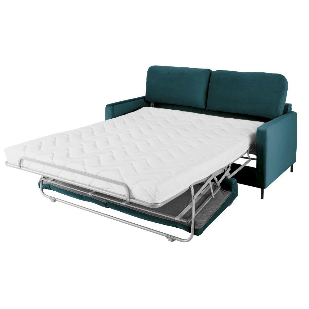 Julian - Canapé convertible 2/3 places en velours bleu paon, matelas 14 cm