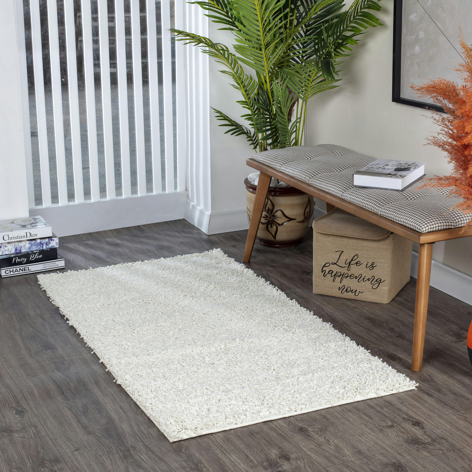 LILLY - Tapis de Couloir Shaggy Uni Chic Blanc 80x150