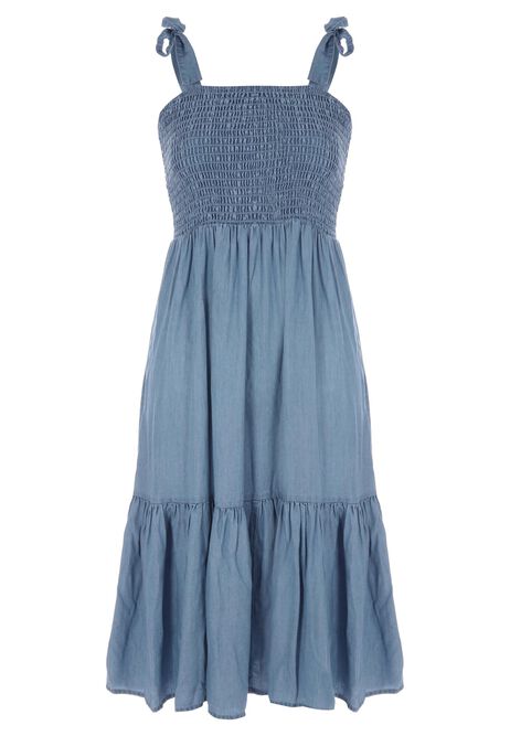 Womens Denim Look Shirred Tiered Dress