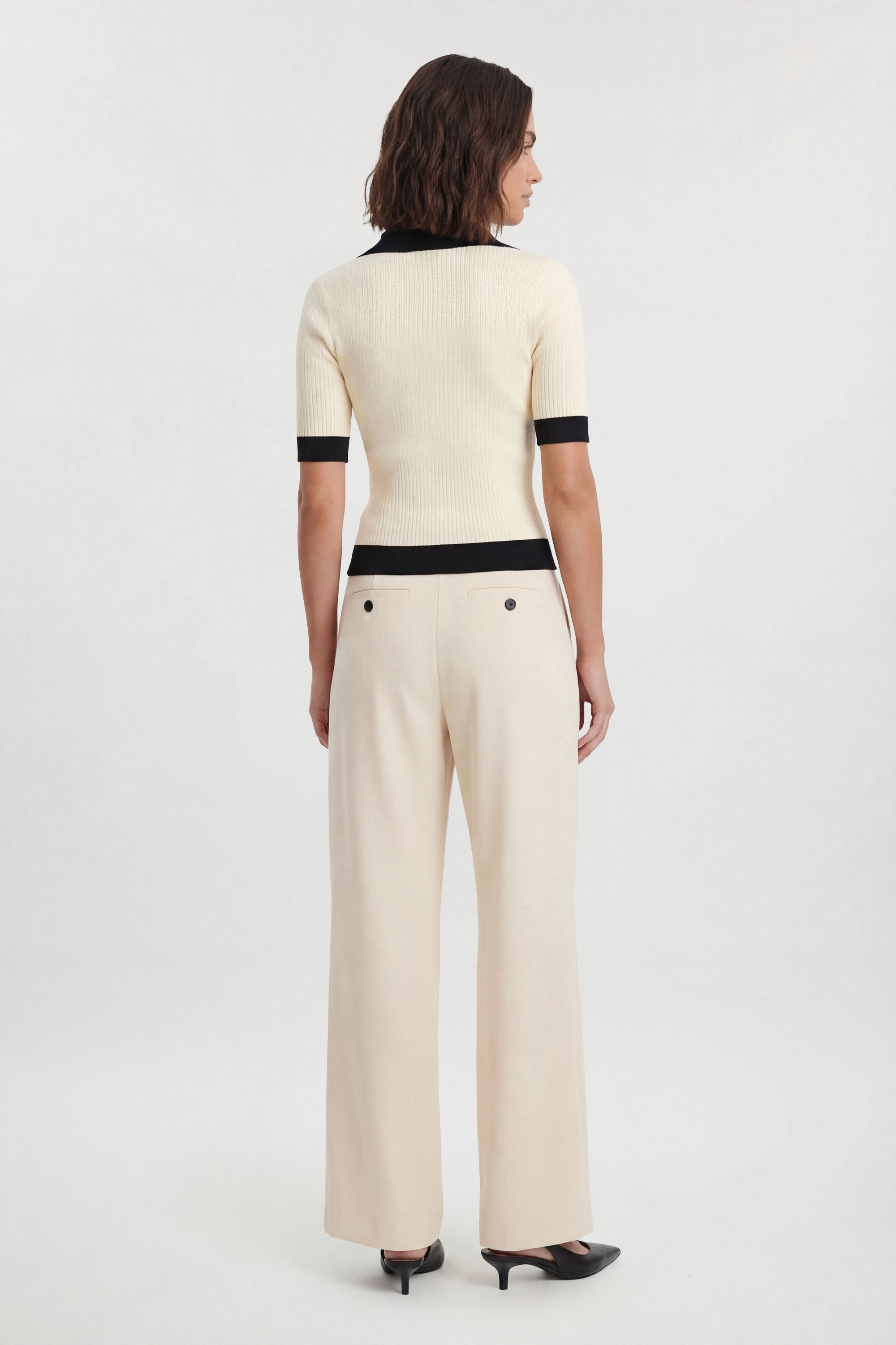 KarenMillen Petite Knit Rib With Contrast Hem Detail Collared Short Sleeve Top