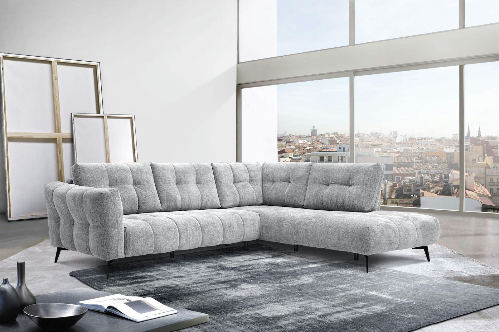 KALMER - Canapé d'angle droit 5 places tissu gris clair