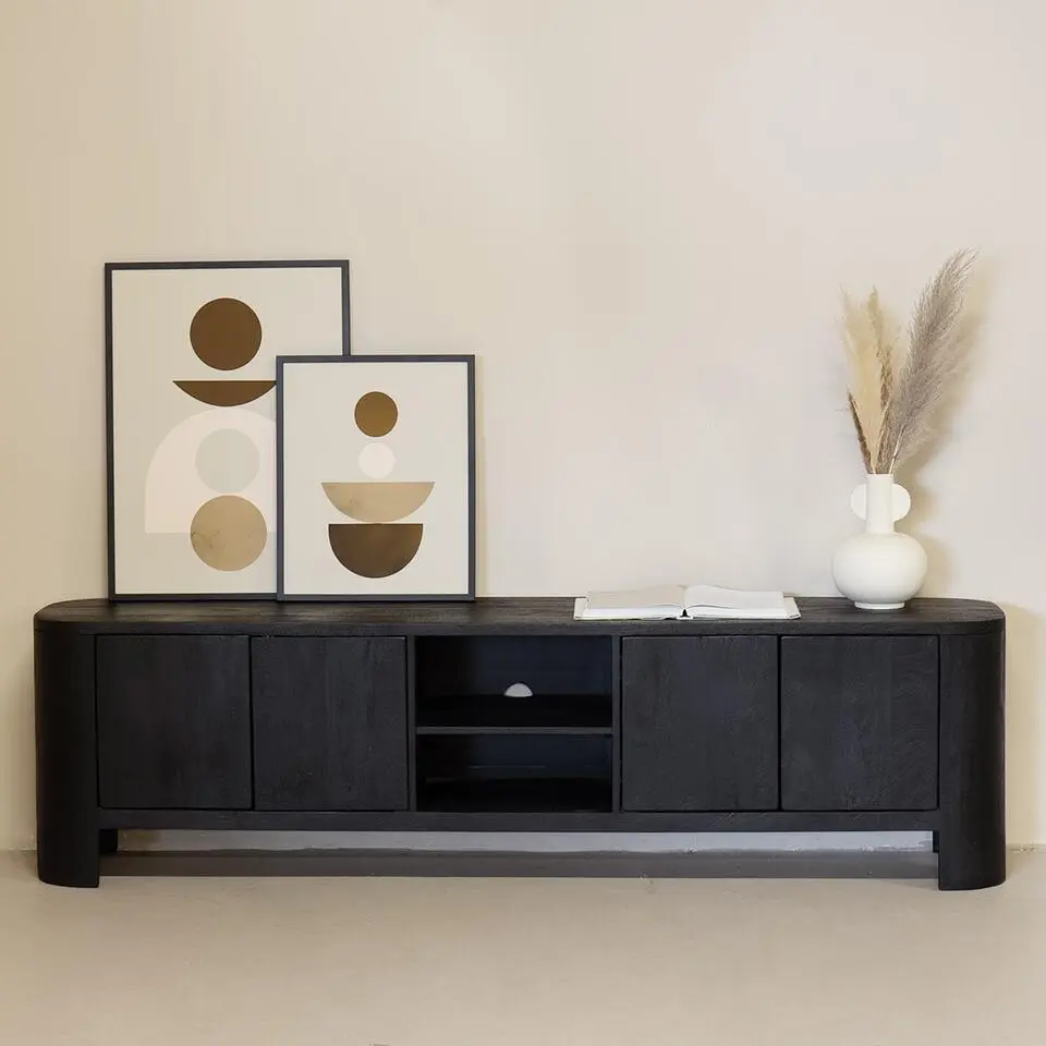 Tv-Meubel Zwart Mangohout - 4-Deuren - 200x40x55cm - Mitchel