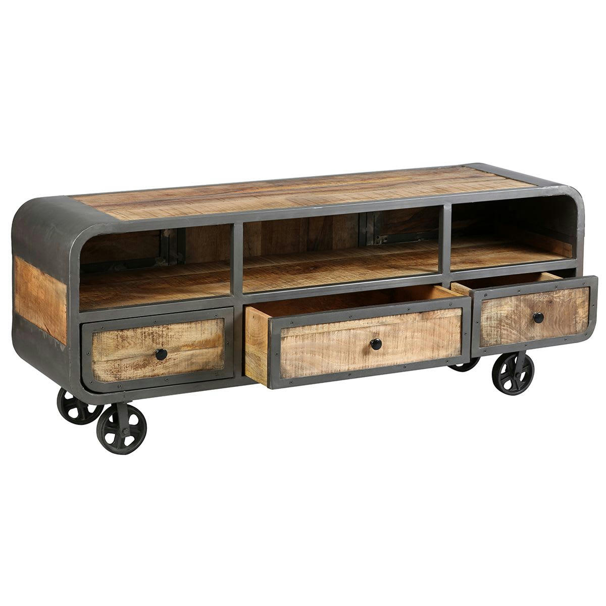 EDWIN - Meuble  tv 3 tiroirs acier et bois massif