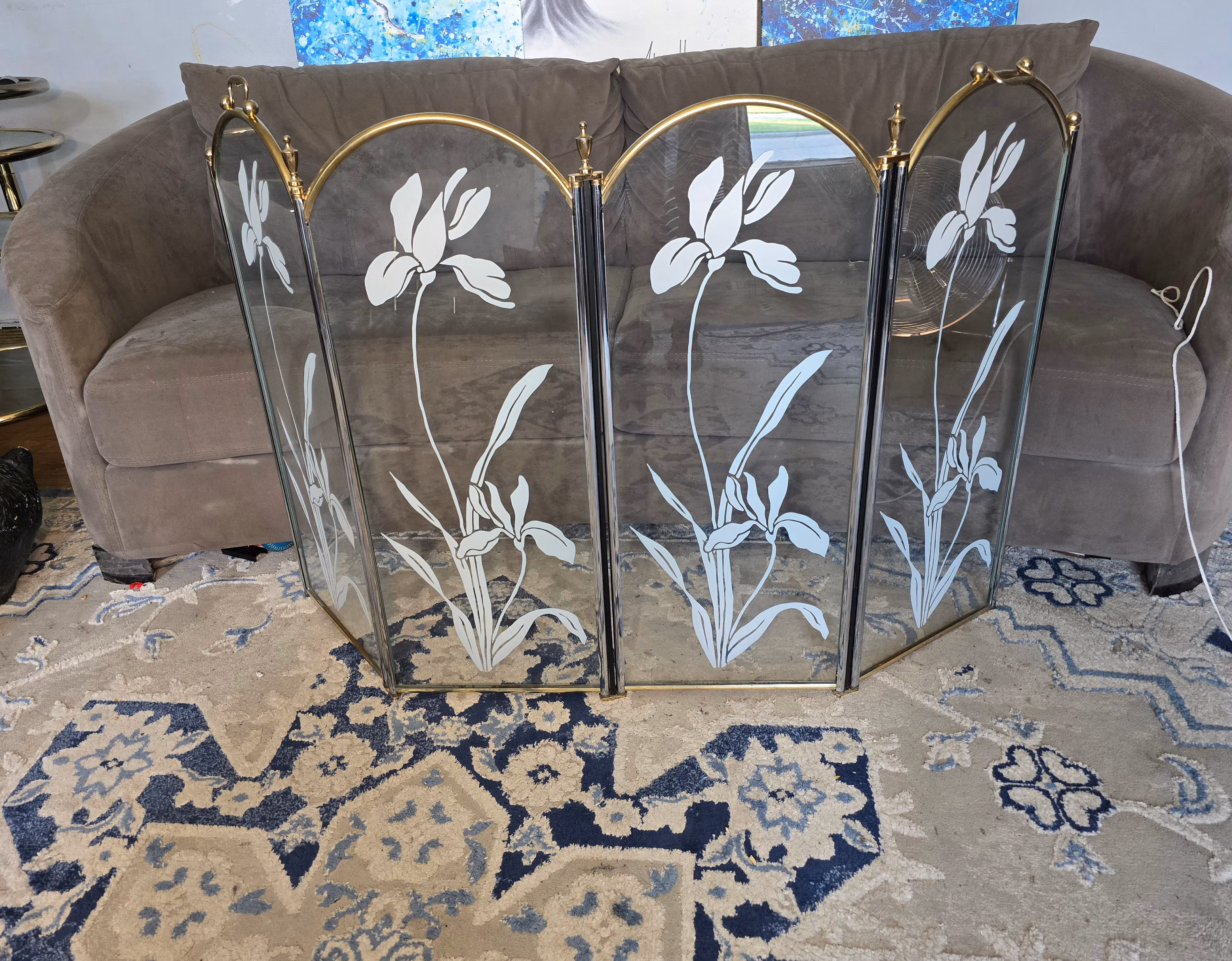 Brass&Glass Fireplace Screen, Vintage, Hollywood, Regency, Home Decor, Fire Place Accessories,