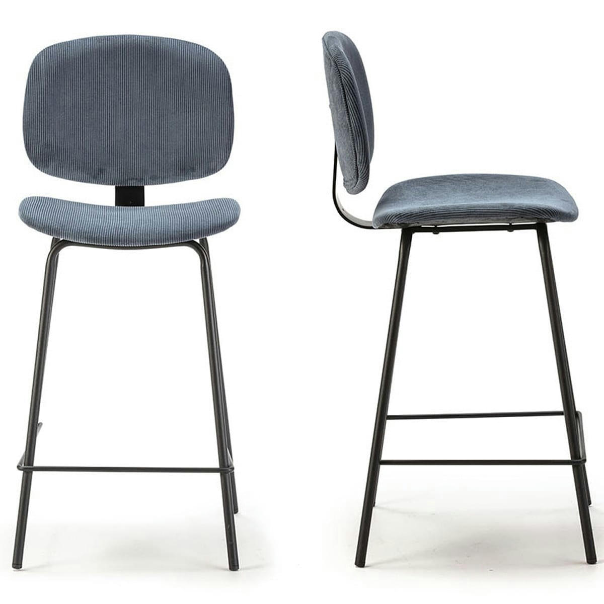 LIV - Lot de 2 tabourets de bar en velours côtelé bleu 65 cm