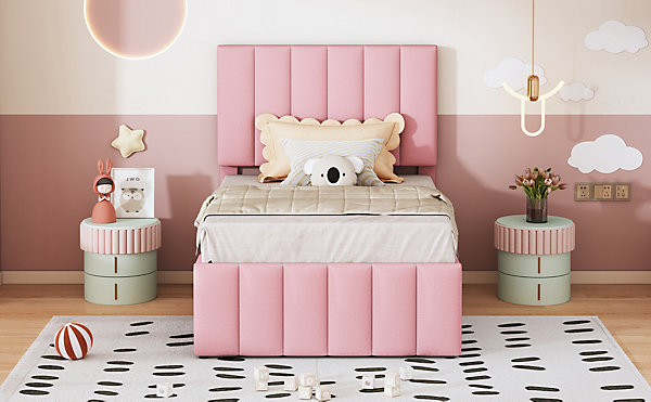 Lit rembourré 90 sur 200 cm avec lit gigogne tiroirs tissu lin rose lit simple multifonction pour jeunes ou adultes