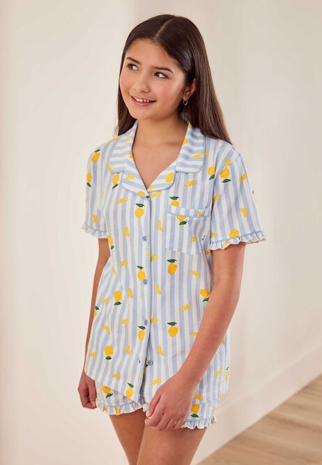 Girls Blue Lemon Stripe Short Pyjama Set